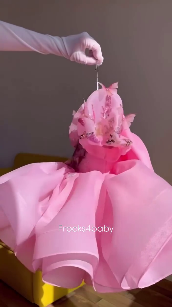 CLOTHERA Party Wear Pink Tulle Girls Frock with Puffy Sleeves & Satin Bow - Image 11