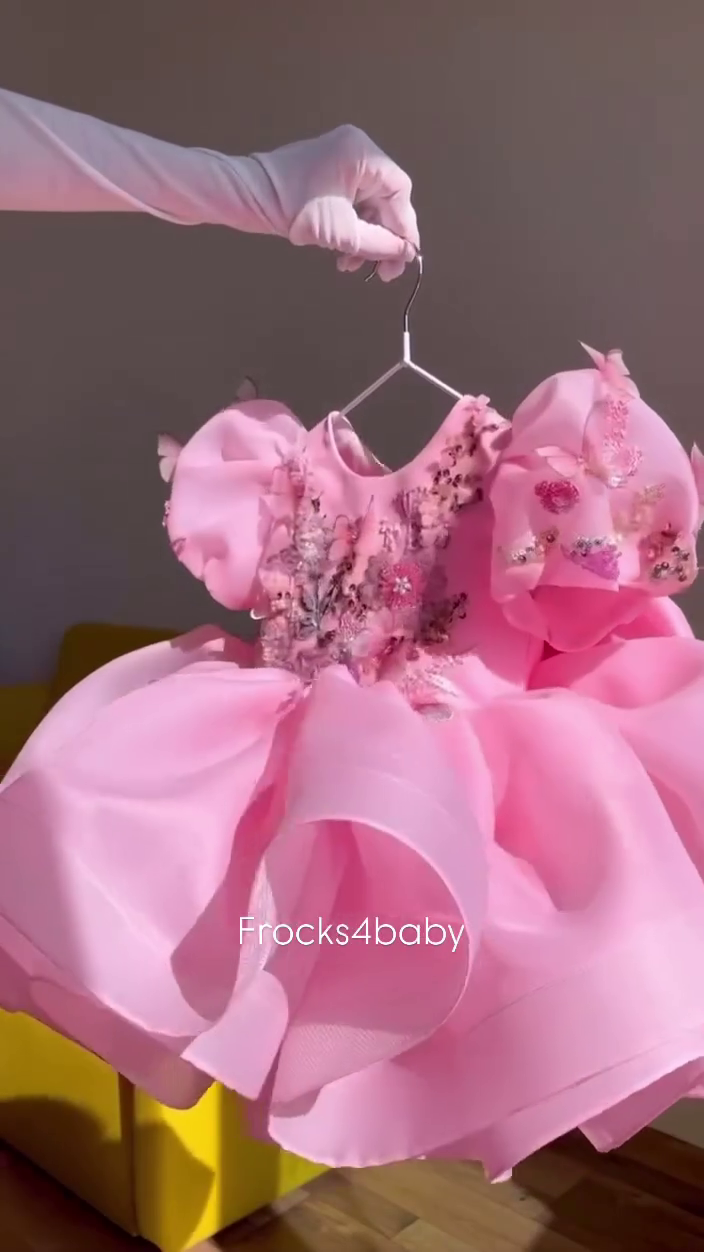 CLOTHERA Party Wear Pink Tulle Girls Frock with Puffy Sleeves & Satin Bow - Image 12