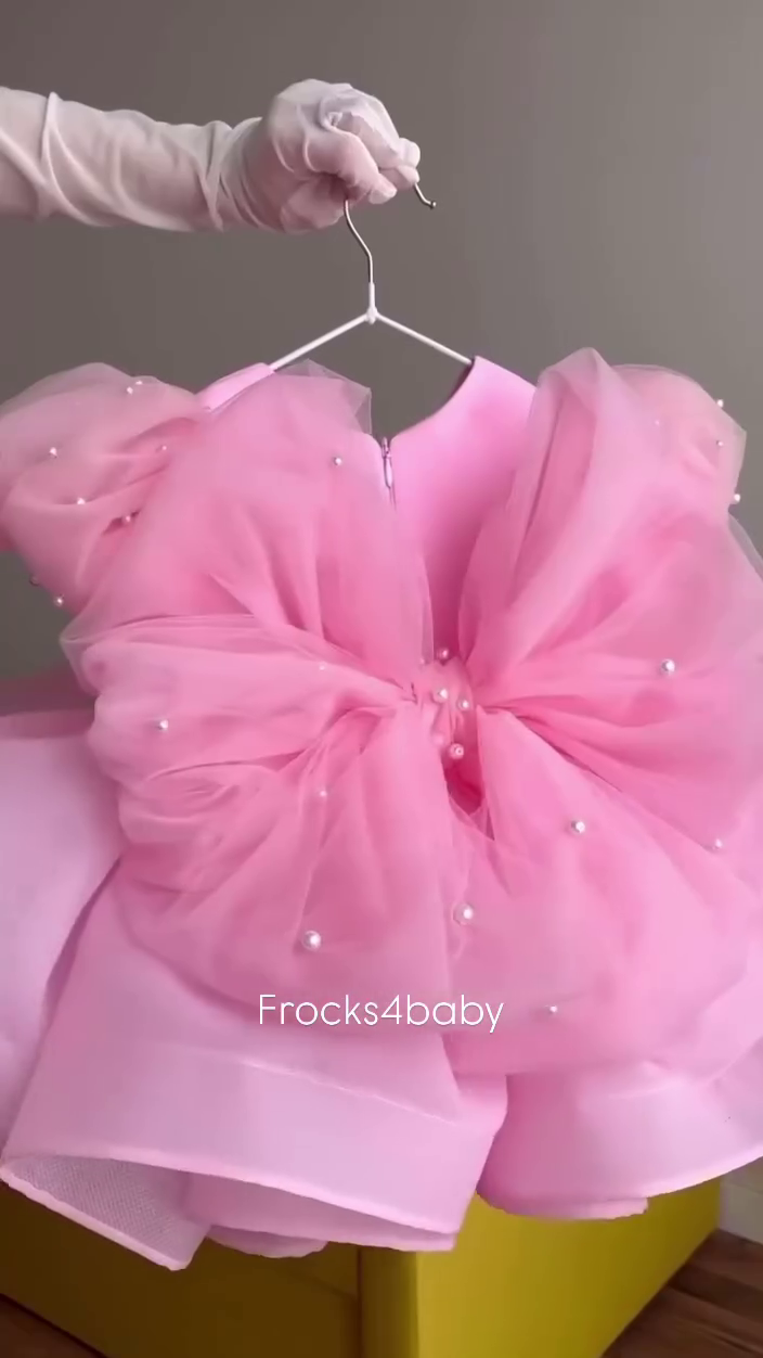 CLOTHERA Party Wear Pink Tulle Girls Frock with Puffy Sleeves & Satin Bow - Image 5