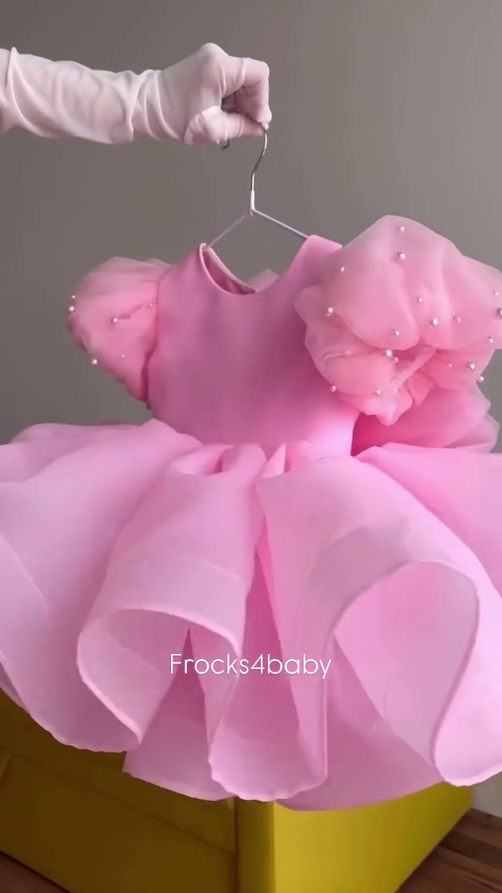 CLOTHERA Party Wear Pink Tulle Girls Frock with Puffy Sleeves & Satin Bow - Image 6