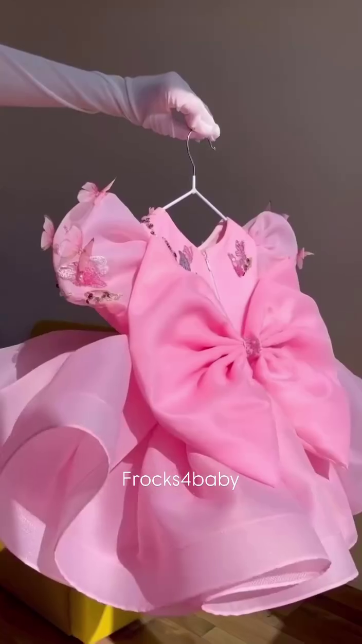 CLOTHERA Party Wear Pink Tulle Girls Frock with Puffy Sleeves & Satin Bow - Image 10