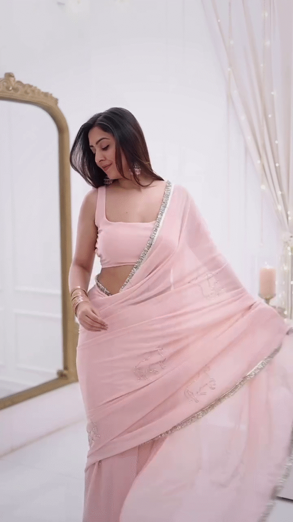 Women's Pink Georgette Embroidery Saree With Unstitched Blouse - Image 2
