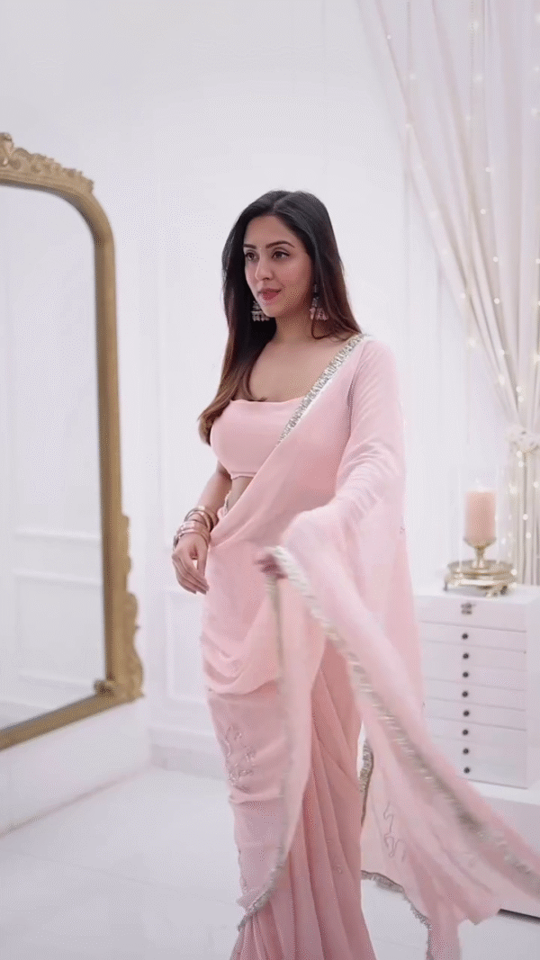 Women's Pink Georgette Embroidery Saree With Unstitched Blouse - Image 5