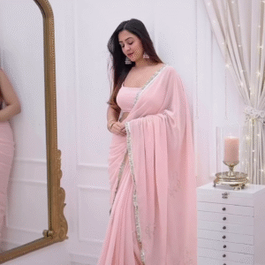 Women's Pink Georgette Embroidery Saree With Unstitched Blouse