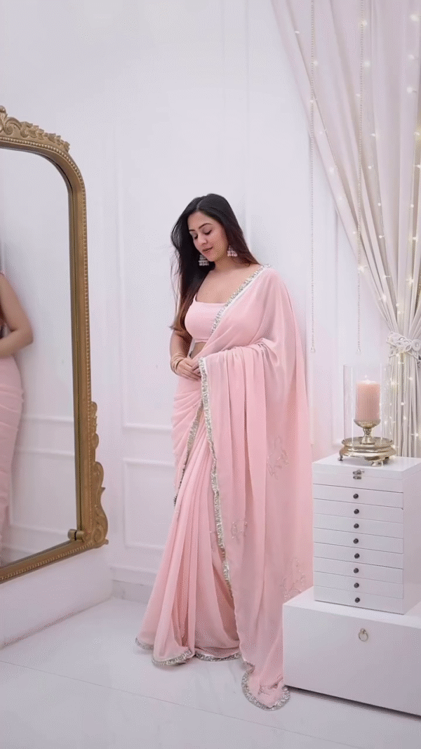 Women's Pink Georgette Embroidery Saree With Unstitched Blouse