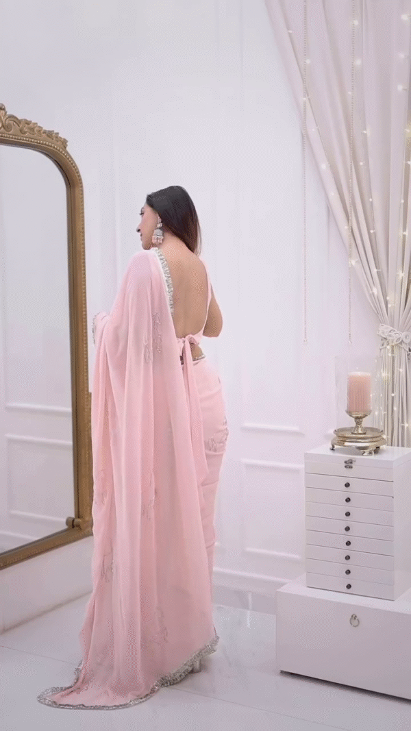 Women's Pink Georgette Embroidery Saree With Unstitched Blouse - Image 7