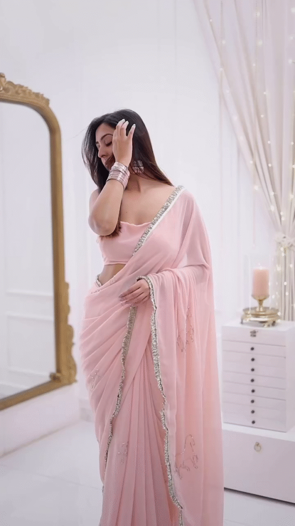Women's Pink Georgette Embroidery Saree With Unstitched Blouse - Image 8