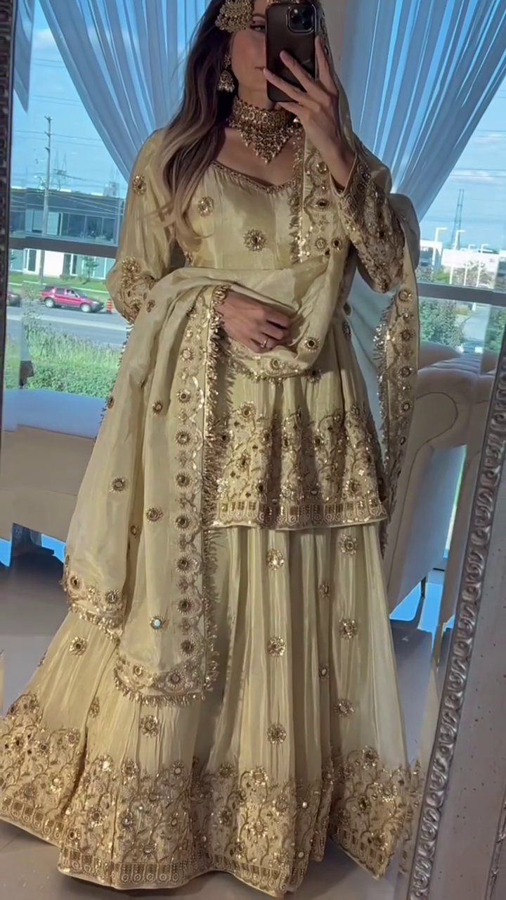 Beautiful Women Cream Sharara Suit With Heavy Embroidery Work - Image 2