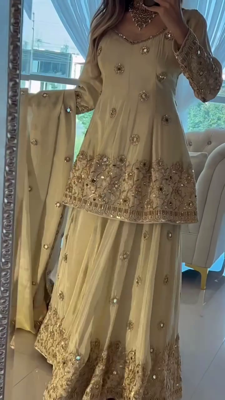 Beautiful Women Cream Sharara Suit With Heavy Embroidery Work - Image 4