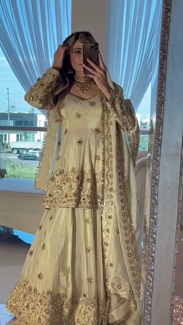 Beautiful Women Cream Sharara Suit With Heavy Embroidery Work - Image 8