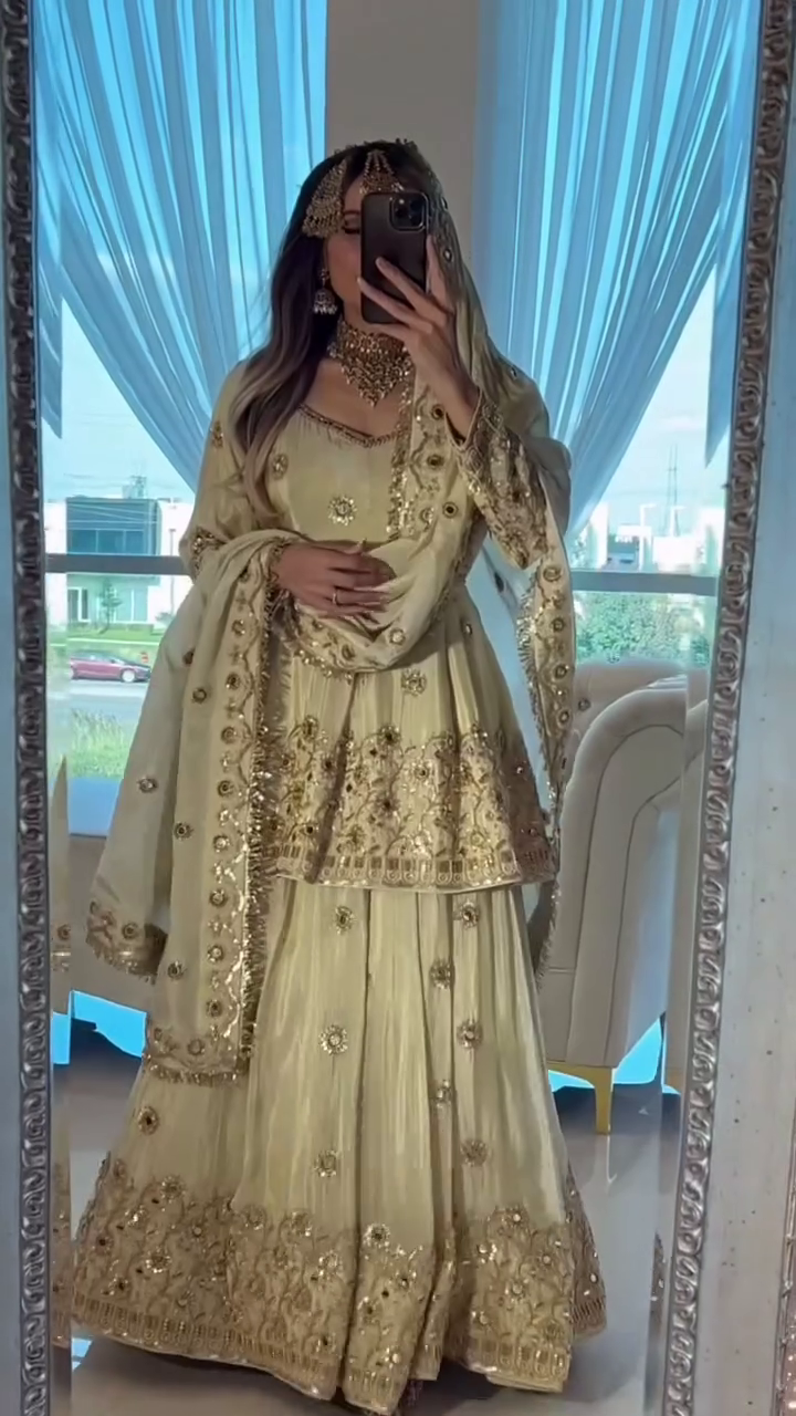 Beautiful Women Cream Sharara Suit With Heavy Embroidery Work - Image 9
