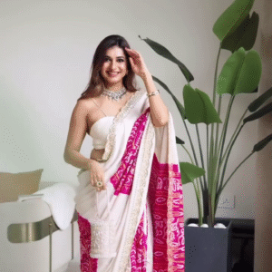 Beautiful hand embroidered saree with bandhej patch work