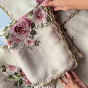 Rose printed soft mul organza saree with handwork