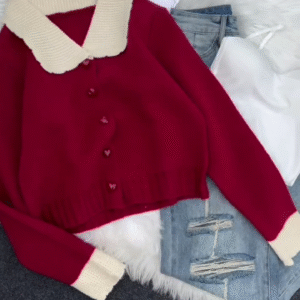 Korean Sweet Peter Pan Collar Heart Button Cardigan Sweater Women Hit Color Long